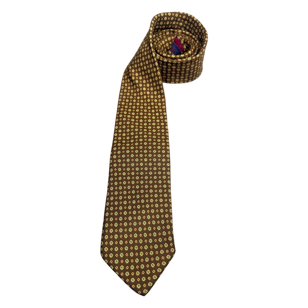 Dooney & Bourke Mens Silk Tie Brown Yellow Geometric Floral Hand Printed England